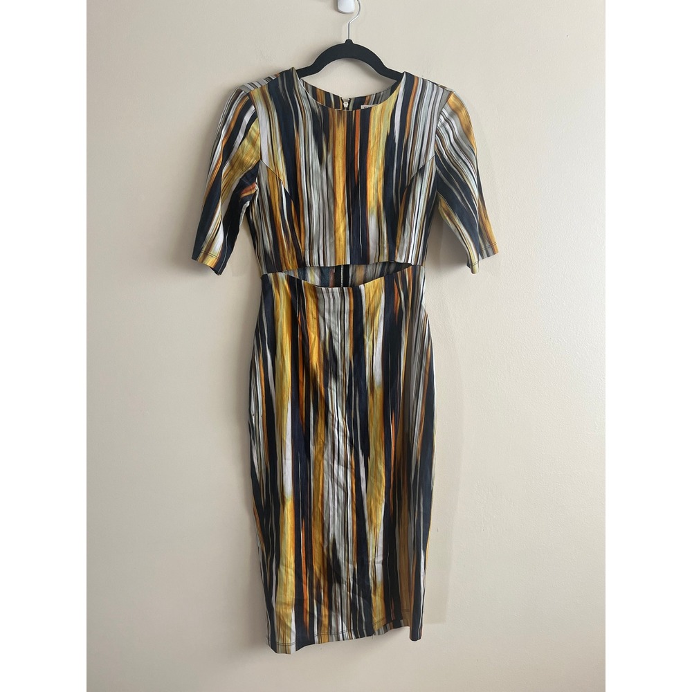 SUNO NYC Abstract Stripe Midi Dress Size 2 Ikat Print Cutout Waist Office Siren